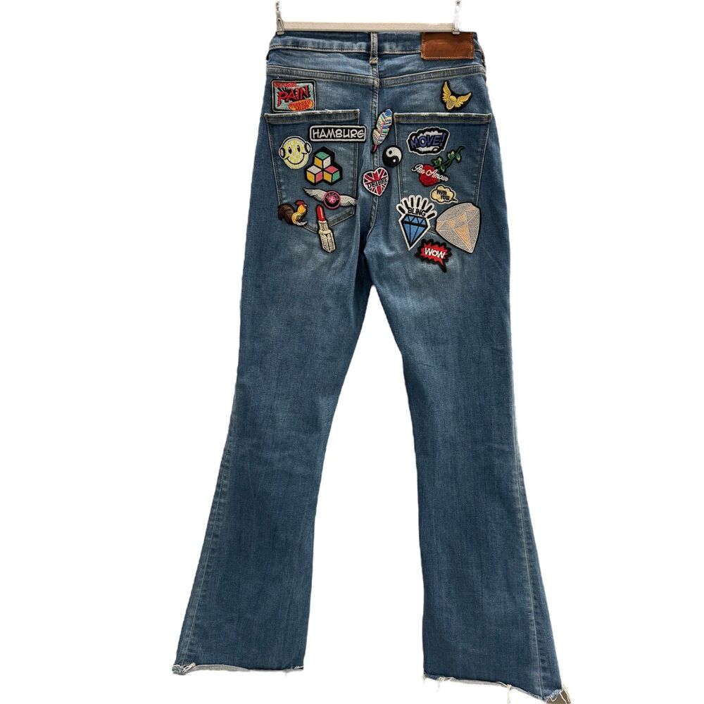 Zara Denim Jeans, Upcycled Sexy Patches, High Waisted, Flare Leg, Curvy Fit 36